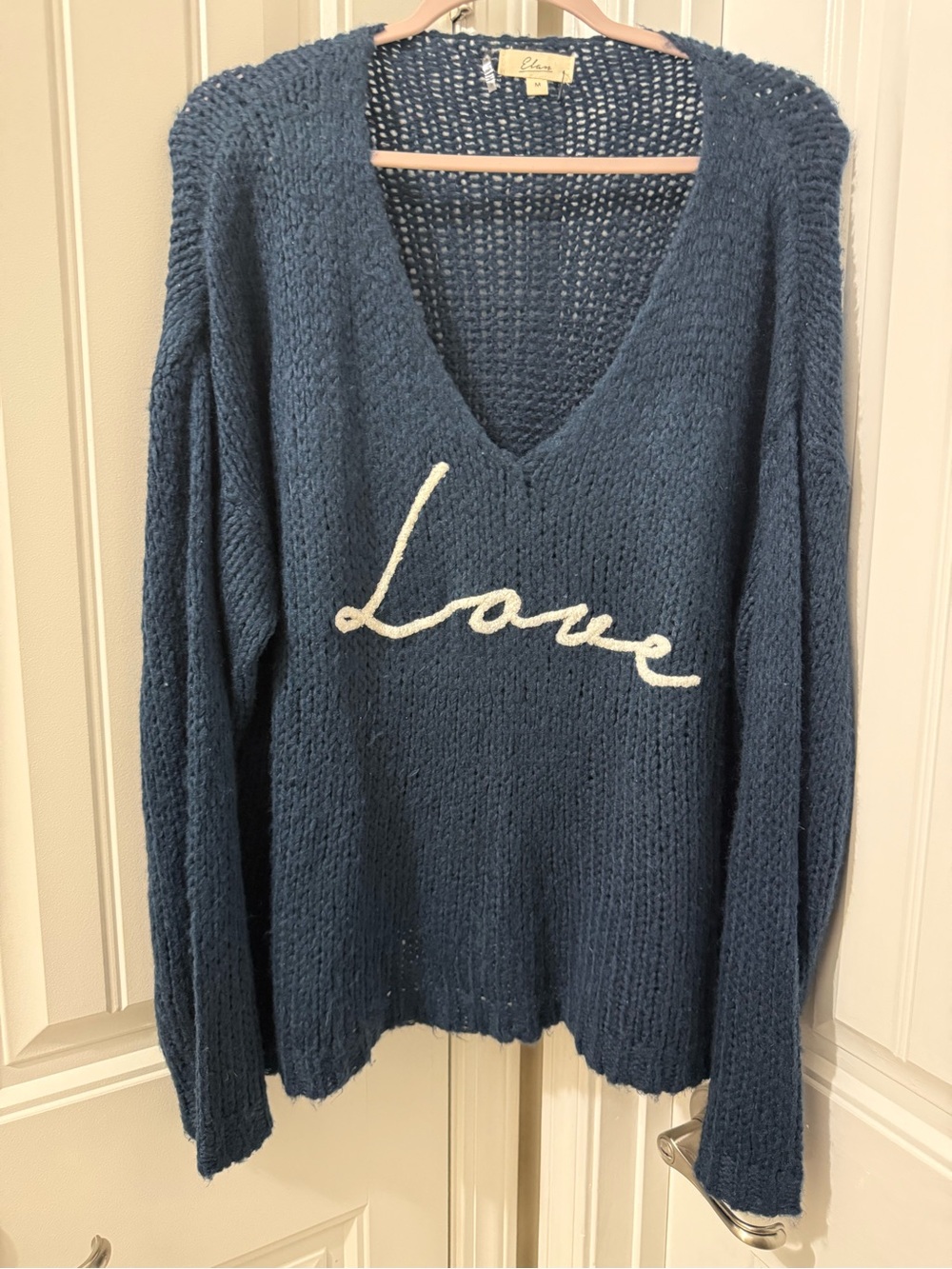 Elan Navy Blue V-Neck Knit Sweater with White 'Love' Script